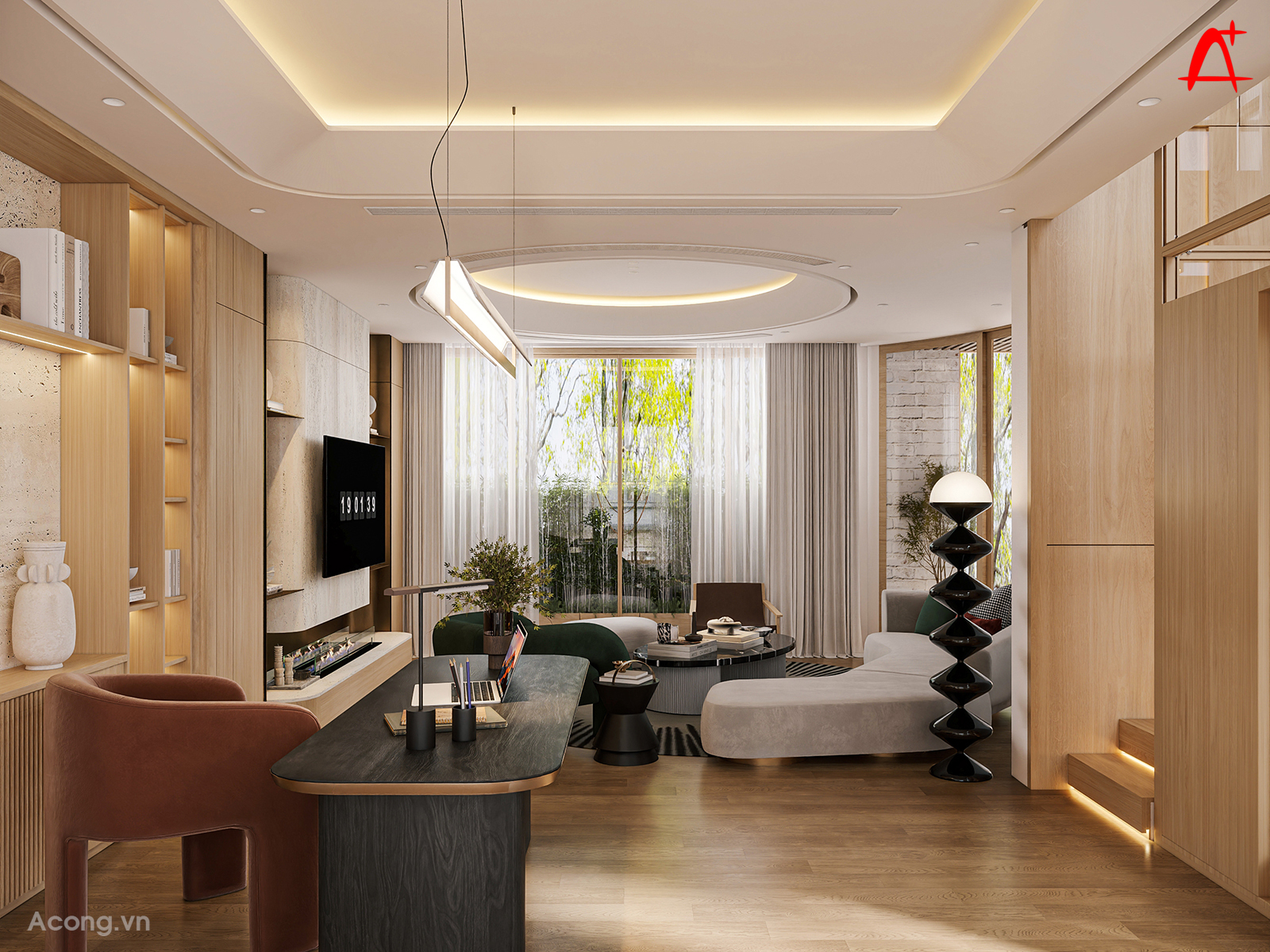 Khu sinh hoạt chung bố trí mở, liên kết với thông tầng giúp tăng ánh sáng và tạo cảm giác rộng rãi.